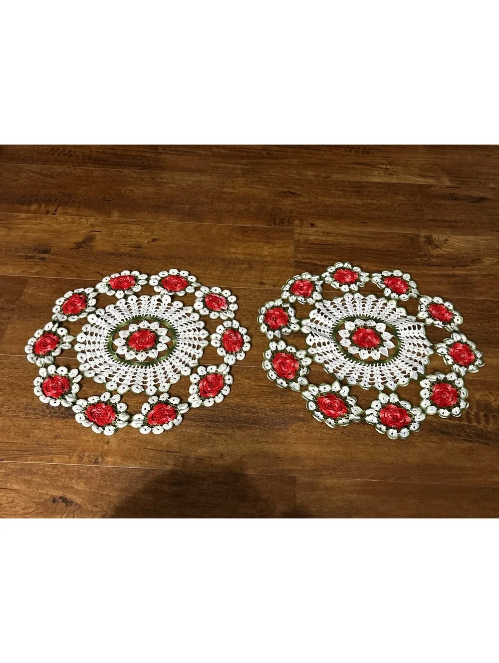 Set of 2 Handmade Crochet Doilies with Red Rose Design